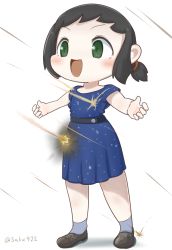 Rule 34 | 1girl, black hair, blue dress, brown footwear, bullet line, projectile trail, commentary request, dress, fubuki (kancolle), full body, green eyes, grey socks, highres, kantai collection, low ponytail, open mouth, outstretched arms, polka dot, polka dot dress, ponytail, sakusan (ss-awesome), shoes, short ponytail, sidelocks, simple background, smile, socks, solo, standing, white background