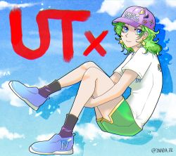 Rule 34 | 1girl, absurdres, aged up, blue eyes, breasts, closed mouth, cloud, earrings, final fantasy, final fantasy iv, full body, green hair, hat, highres, inaba tomoe, jewelry, looking at viewer, rydia (ff4), shoes, short hair, shorts, smile, sneakers, solo