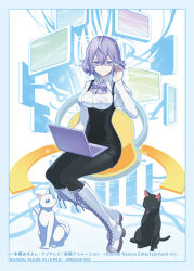 Rule 34 | 1girl, black cat, boots, breasts, cat, computer, digimon, digimon card game, digimon story: cyber sleuth, glasses, laptop, large breasts, mikagura mirei, smile, tonami kanji, white cat