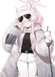 Rule 34 | 1girl, absurdres, akira (blue archive), animal ears, black shirt, blue archive, blush, cat ears, cat tail, coat, cowboy shot, danbal, drink, drinking straw, eyewear on head, halo, highres, holding, holding drink, long hair, newspaper, one eye closed, open clothes, open coat, open mouth, pants, pink hair, pink halo, red eyes, shirt, simple background, solo, sunglasses, tail, white background, white coat, white pants