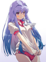 Rule 34 | 1girl, :/, akayama yukihe, blush, breasts, buruma, clannad, cleavage, clothes pull, collar, commentary, covering privates, covering crotch, cowboy shot, eyes visible through hair, frown, fujibayashi kyou, gym uniform, hair between eyes, hair intakes, hair over shoulder, highres, large breasts, long hair, looking at viewer, puffy short sleeves, puffy sleeves, pulled by self, purple eyes, purple hair, red buruma, red collar, shirt, shirt pull, short sleeves, shy, sidelocks, simple background, solo, standing, straight hair, v-shaped eyebrows, very long hair, white background, white shirt