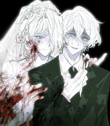 Rule 34 | 1boy, 1girl, black necktie, blood, blood on clothes, blood on face, bridal veil, closed mouth, collared shirt, dress, earrings, haloyxxxxxxx, highres, jewelry, kromer (project moon), limbus company, looking at viewer, necktie, open mouth, project moon, scared, shaded face, shirt, sinclair (project moon), smile, spot color, sweat, veil, veins, wedding dress, yellow eyes