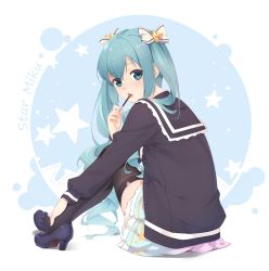 Rule 34 | 1girl, aqua eyes, aqua hair, character name, eating, ello, food, full body, hatsune miku, high heels, long hair, looking back, open mouth, pocky, simple background, sitting, skirt, solo, thighhighs, twintails, very long hair, vocaloid
