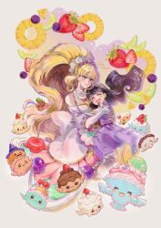 Rule 34 | 2girls, absurdres, apron, black hair, blonde hair, blue eyes, bridal gauntlets, choker, closed eyes, cufi1124, cure finale, delicious party precure, dual persona, earrings, food, fruit, headband, high ponytail, highres, hug, jewelry, kasai amane, long hair, magical girl, multiple girls, precure, recipipi, smile, strawberry, white choker, wide ponytail, yellow headband