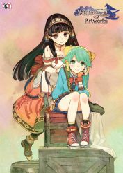 Rule 34 | 2girls, atelier (series), atelier shallie, black hair, blush, bracelet, bright pupils, choker, copyright name, dress, female focus, fingerless gloves, gloves, green eyes, green hair, hairband, hand on own cheek, hand on own face, hands on another&#039;s shoulders, hat, hidari (left side), highres, jewelry, logo, long hair, long sleeves, looking at viewer, multiple girls, official art, open mouth, plaid, plaid skirt, purple eyes, shallistera (atelier), shallotte elminus, shoes, sitting, skirt, smile, sneakers
