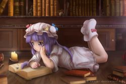 Rule 34 | 1girl, artist name, book, book stack, bookshelf, boots, bow, candle, capelet, crescent, deviantart username, dress, full body, hair bow, hair ornament, hat, highres, image sample, legs up, long hair, long sleeves, lying, mob cap, novcel, on stomach, open book, patchouli knowledge, purple eyes, purple hair, reading, solo, touhou, watermark, web address, wide sleeves
