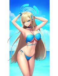 Rule 34 | 1girl, arms up, asuna (blue archive), bandeau, bare arms, bare shoulders, bikini, blonde hair, blue archive, blue bikini, blue choker, blue eyes, blue ribbon, blue sky, breasts, choker, cloud, commentary, cowboy shot, day, english commentary, grin, hair ribbon, highres, large breasts, long hair, looking at viewer, navel, ribbon, side-tie bikini bottom, simonz1987, sky, smile, solo, standing, stomach, swimsuit, thighs, very long hair