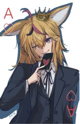 Rule 34 | 1girl, ;), ace (playing card), ace of hearts, animal ears, black card, blonde hair, bolo tie, buttons, card, commentary, crown, dress shirt, eyelash ornament, fox ears, fox girl, gradient eyes, hair between eyes, heart, heart-shaped pupils, highres, holding, holding card, hololive, jacket, k to 31, long sleeves, looking at viewer, medium hair, mini crown, multicolored eyes, multicolored hair, omaru polka, one eye closed, open clothes, open jacket, playing card, playing card theme, purple eyes, shirt, sidelocks, signature, silhouette, simple background, smile, smirk, solo, streaked hair, suit jacket, symbol-shaped pupils, tilted headwear, upper body, virtual youtuber, waistcoat, white background