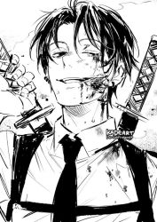 Rule 34 | 1boy, aged down, blood, blood on clothes, blood on face, chainsaw man, chest harness, collared shirt, ear piercing, earrings, greyscale, hand on hilt, harness, jewelry, kadeart, katana, kishibe (chainsaw man), kishibe (young) (chainsaw man), long bangs, looking at viewer, male focus, monochrome, multiple piercings, multiple swords, necktie, parted bangs, piercing, portrait, shirt, short hair, sketch, smile, solo, sweat, sword, twitter username, weapon, weapon on back, wing collar