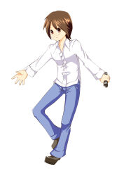 Rule 34 | 1boy, absurdres, brown hair, digimon, highres, looking at viewer, male focus, simple background, smile, solo, wada kouji, white background