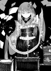 Rule 34 | 1girl, :|, ashiyama yoshinori, blunt bangs, candlestand, closed mouth, commentary, flower, greyscale, hair flower, hair ornament, hakama, hieda no akyuu, highres, holding, holding scroll, japanese clothes, kimono, long hair, long sleeves, looking down, monochrome, obi, paper, paper stack, sash, scroll, solo, touhou, wide sleeves