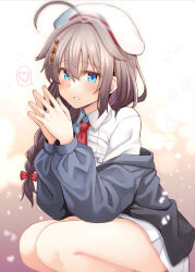 Rule 34 | 1girl, ahoge, alternate costume, black jacket, blue eyes, blush, braid, braided ponytail, brown hair, commentary request, hair flaps, hair ornament, heart, jacket, jacket partially removed, jewelry, kantai collection, long hair, looking at viewer, necktie, own hands together, parted lips, pleated skirt, red necktie, ring, rui shi (rayze ray), shigure (kancolle), shigure kai ni (kancolle), shirt, skirt, smile, solo, spoken heart, squatting, wedding ring, white headwear, white shirt, white skirt