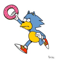 Rule 34 | doughnut, food, full body, fusion, gloves, holding, holding food, homer simpson, peixeaquatico, running, serious, simple background, sonic (series), sonic the hedgehog, source request, the simpsons, white background, white gloves