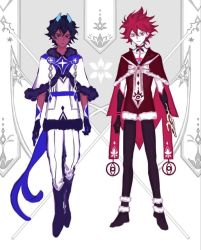 Rule 34 | 2boys, aged down, arjuna (fate), arjuna alter (fate), black hair, burning garment of three gods, capelet, chest tattoo, child, colored skin, dark-skinned male, dark skin, fate/grand order, fate (series), heterochromia, horns, karna (fate), male focus, mchi, multiple boys, multiple tails, red eyes, red hair, red skin, super karna (fate), tail, tattoo, two tails, white skin, yellow eyes