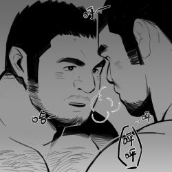 Rule 34 | 2boys, ajin (hirainaoto1), bara, beard stubble, blush, breath, chest hair, couple, eye contact, facial hair, foreplay, from side, goatee, greyscale, highres, long sideburns, looking at another, male focus, mature male, monochrome, multiple boys, muscular, muscular male, mustache stubble, nude, original, pectorals, sanpaku, short hair, sideburns, sideburns stubble, stubble, thick eyebrows, upper body, yaoi
