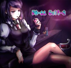 Rule 34 | 1girl, artist name, bad id, bad tumblr id, bar (place), bar stool, black pantyhose, black skirt, blush, bottle, chromatic aberration, cigarette, cigarette pack, cocktail glass, collared shirt, copyright name, crossed legs, cup, drinking glass, holding, indoors, jill stingray, long hair, long sleeves, mekki, mouth hold, necktie, pantyhose, pencil skirt, pink eyes, puffy short sleeves, puffy sleeves, purple hair, red necktie, shirt, short sleeves, side slit, sidelocks, sitting, skirt, smoke, smoking, solo, stool, swept bangs, turtleneck, twintails, va-11 hall-a, vest, white shirt, wing collar