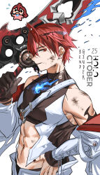 1boy 1girl abs absurdres adapted_costume ahoge crop_top dual_persona elizabeth_rose_bloodflame fire genderswap genderswap_(ftm) hand_on_hilt highres hololive hololive_english muscular open_mouth red_eyes red_hair set7 sideways_glance sword upper_body virtual_youtuber weapon