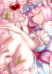 Rule 34 | 1girl, absurdres, blue hat, blurry, blurry foreground, blush, cherry blossoms, cup, dango, depth of field, food, fruit, hat, highres, looking at viewer, mirufui, mob cap, one eye closed, petals, pink eyes, pink hair, saigyouji yuyuko, short hair, smile, solo, touhou, triangular headpiece, wagashi