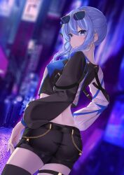 Rule 34 | 1girl, absurdres, alley, ass, blue eyes, blue hair, blurry, blurry background, breasts, capsule (hololive), chain, crop top, earrings, eyewear on head, from behind, highres, hololive, hoshimachi suisei, jewelry, long sleeves, looking at viewer, looking back, midriff, night, official alternate costume, short shorts, shorts, sidelocks, single thighhigh, small breasts, solo, star (symbol), star earrings, star in eye, sunglasses, symbol in eye, thigh strap, thighhighs, thighs, tokiyanagi, virtual youtuber