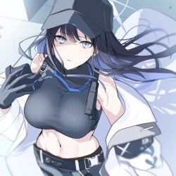 Rule 34 | 1girl, bare shoulders, baseball cap, black gloves, black hair, black hat, black shirt, blue archive, blue eyes, blue hair, breasts, coat, commentary request, crop top, floating hair, gloves, halo, hat, highres, large breasts, long hair, looking at viewer, looking up, mask, mouth mask, navel, off shoulder, saori (blue archive), shirt, sleeveless, solo, stomach, unworn mask, white coat, wind, yunamaro
