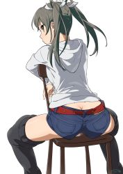 Rule 34 | 10s, 1girl, alternate costume, ass, belt, black hair, butt crack, chair, from behind, hair ribbon, highres, hood, hoodie, kantai collection, long hair, looking at viewer, looking back, ribbon, short shorts, shorts, simple background, sitting, sitting backwards, solo, suna (sandworks), thighhighs, twintails, white background, yellow eyes, zuikaku (kancolle)