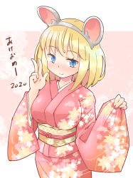 Rule 34 | 1girl, 2020, alice margatroid, alternate costume, animal ears, arnest, blonde hair, blue eyes, blush, breasts, commentary request, cowboy shot, fake animal ears, floral print, grey hairband, hairband, hands up, japanese clothes, kimono, large breasts, long sleeves, looking at viewer, mouse ears, nose blush, obi, pink background, red kimono, sash, short hair, smile, solo, standing, touhou, translation request, two-tone background, w, white background, wide sleeves, yellow sash