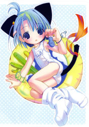 Rule 34 | 1girl, :3, ahoge, animal ears, ass, blue eyes, blue hair, blush, cactus, cat ears, cat tail, child, electromagnetic wave, feet, flat chest, from above, hair ornament, hairclip, highres, key, lying, matching hair/eyes, name tag, no shoes, on side, one-piece swimsuit, open mouth, polka dot, pop, ribbon, school swimsuit, short hair, socks, solo, swimsuit, tail, tail ornament, tail ribbon, watch, white one-piece swimsuit, white school swimsuit, wristwatch