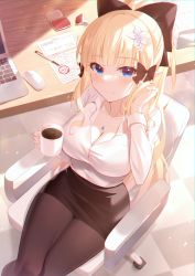 Rule 34 | 1girl, absurdres, alternate costume, black bow, black pantyhose, black skirt, blonde hair, blue eyes, blunt bangs, blush, bow, breasts, business suit, button gap, chair, cleavage, closed mouth, coffee, coffee mug, collarbone, collared shirt, commentary request, computer, cup, dress shirt, elf, feet out of frame, flower, formal, hair bow, hair flower, hair ornament, heiyan shenshi, highres, holding, holding cup, jewelry, laptop, large breasts, long hair, long sleeves, looking at viewer, miniskirt, mouse (computer), mug, necklace, office chair, office lady, pantyhose, paper stack, pen, pencil skirt, pointy ears, ponytail, princess connect!, saren (princess connect!), shirt, sitting, skirt, skirt suit, smile, solo, stamp, stamp mark, suit, swivel chair, table, tight skirt, very long hair, white flower, white shirt, wooden table