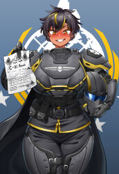 Rule 34 | 1girl, absurdres, armor, belt, belt pouch, black hair, blonde hair, blush, breasts, c-01 permit (helldivers), cape, colored eyelashes, helldiver (helldivers), helldivers (series), helmet, highres, hitch (perotoss), large breasts, looking at viewer, multicolored hair, orange hair, pouch, science fiction, short hair, skull, solo, streaked hair, tan, tomboy, unworn headwear, unworn helmet