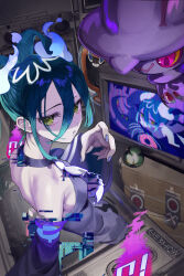 Rule 34 | 1girl, absurdres, aqua hair, box, creatures (company), crt, detached sleeves, dusk ball, game freak, gen 4 pokemon, ghost, ghost miku (project voltage), glitch, grey shirt, hair between eyes, hatsune miku, highres, hisui ill, looking at viewer, mismagius, nail polish, necktie, nintendo, pale skin, parted lips, poke ball, pokemon, pokemon (creature), project voltage, radio, rotom, rotom (other), shirt, through medium, through screen, vocaloid, will-o&#039;-the-wisp (mythology), yellow eyes