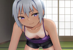 Rule 34 | 1girl, bike shorts, breasts, camisole, downblouse, extended downblouse, hanging breasts, hashi, indoors, leaning forward, looking at viewer, medium breasts, navel, no bra, original, purple eyes, short hair, silver hair, smile, solo, tan, tanline