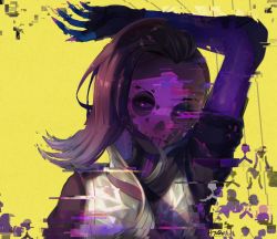 Rule 34 | 1girl, abstract background, arm above head, asymmetrical hair, closed mouth, dark-skinned female, dark skin, facepaint, frown (wonderland85711), glitch, gloves, high collar, long hair, looking at viewer, makeup, mexico, multicolored hair, overwatch, overwatch 1, pubic stubble, signature, solo, sombra (overwatch), upper body