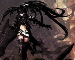 Rule 34 | 10s, 1girl, alternate costume, armor, belt, black hair, black rock shooter, chain, huke, insane black rock shooter, long hair, midriff, purple eyes, scar, solo, stitches, thighhighs, twintails, uneven twintails, weapon