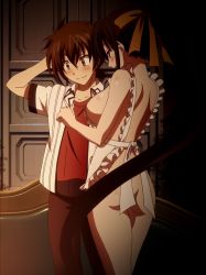 Rule 34 | 10s, 1boy, 1girl, absurdres, apron, ass, black hair, bottomless, breasts, high school dxd, highres, himejima akeno, hyoudou issei, large breasts, long hair, naked apron, sideboob, smile, standing, stitched, third-party edit