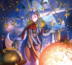 Rule 34 | 1girl, absurdres, breasts, cape, clothing cutout, fate/grand order, fate (series), floating, floating object, globe, grey cape, highres, horns, huge horns, large breasts, long hair, long horns, non-web source, olga marie animusphere, orange eyes, star (symbol), stomach cutout, striped bodysuit, takeuchi takashi, thighs, u-olga marie, white hair