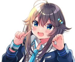 Rule 34 | 1girl, :d, ahoge, blue eyes, blue jacket, blue necktie, blush, brown hair, collared shirt, hair between eyes, hair ornament, hands up, hood, hood down, hooded jacket, index finger raised, jacket, long sleeves, looking at viewer, minami saki, necktie, nijisanji, open clothes, open jacket, open mouth, puffy long sleeves, puffy sleeves, shirt, simple background, smile, solo, sorahoshi kirame, sweatband, sweater vest, upper body, virtual youtuber, white background, white shirt, wristband