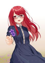 Rule 34 | 1girl, absurdres, arm behind back, artist name, black-framed eyewear, blue dress, blush, breasts, buttons, commentary, dress, english commentary, floating hair, flower, glasses, highres, holding, holding flower, long sleeves, looking at viewer, medium breasts, open mouth, persona, persona 5, persona 5 the royal, purple flower, reaching, reaching towards viewer, red eyes, red hair, smile, solo, swept bangs, yoshizawa sumire, yura s arts