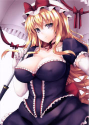 Rule 34 | 1girl, blonde hair, breasts, cleavage, covered erect nipples, dress, elbow gloves, female focus, gloves, hat, highres, large breasts, long hair, looking at viewer, purple eyes, satou samu, simple background, solo, standing, touhou, umbrella, white background, yakumo yukari