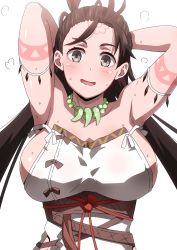 Rule 34 | 1girl, armpits, arms behind head, arms up, bare shoulders, blush, body markings, breasts, brown eyes, brown hair, dress, facial mark, fate/grand order, fate (series), forehead, forehead mark, hara (harayutaka), highres, himiko (fate), himiko (first ascension) (fate), jewelry, large breasts, long hair, looking at viewer, magatama, magatama necklace, necklace, no bra, open mouth, sash, sideboob, simple background, smile, sweat, topknot, twintails, white background, white dress