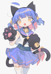 Rule 34 | 1girl, :o, ahoge, animal ears, animal hands, bandaid, bandaid on leg, bell, black collar, black gloves, black hairband, black neckerchief, blue hair, blue sailor collar, blue skirt, blunt bangs, cat ears, cat girl, cat paws, cat tail, collar, cowboy shot, daizu (melon-lemon), detached ahoge, fake animal ears, fang, gloves, hair ornament, hairband, hand up, highres, jingle bell, looking at viewer, medium hair, miniskirt, neck bell, neckerchief, no nose, open mouth, original, paw gloves, pleated skirt, red ribbon, ribbon, sailor collar, sailor shirt, school uniform, serafuku, shirt, simple background, skirt, sleeveless, sleeveless shirt, solo, standing, star (symbol), star hair ornament, stray hair, tail, tail bell, tail ornament, tail ribbon, thighhighs, two side up, white background, white shirt, white thighhighs, yellow eyes, zettai ryouiki