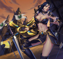 Rule 34 | 1girl, absurdres, armor, arrow (projectile), black hair, black thighhighs, blue eyes, breasts, bustier, choker, circlet, cleavage, artistic error, flag, fur trim, highres, huge weapon, league of legends, long hair, looking to the side, midriff, navel, outdoors, parted lips, pauldrons, pelvic curtain, planted, riot games, shoulder armor, sivir, solo, standing, sword, thighhighs, vambraces, weapon, yus