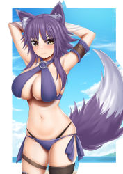 Rule 34 | 1girl, absurdres, abukobato, animal ear fluff, animal ears, armpits, bare shoulders, bikini, black panties, blue background, blue sky, blush, border, breasts, cleavage, closed mouth, cloud, cloudy sky, commentary, cowboy shot, criss-cross halter, day, embarrassed, groin, hair between eyes, halterneck, hands up, highres, horizon, large breasts, leg belt, long hair, looking at viewer, makoto (princess connect!), makoto (summer) (princess connect!), navel, ocean, outside border, panties, panties under swimsuit, princess connect!, purple bikini, purple hair, revision, side-tie bikini bottom, sidelocks, skindentation, sky, solo, standing, stomach, swimsuit, tail, thigh strap, underwear, white border, wolf ears, wolf girl, wolf tail, yellow eyes