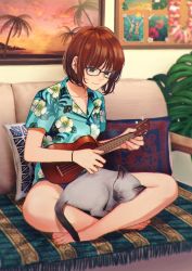 Rule 34 | 1girl, animal, bare legs, barefoot, black-framed eyewear, blue shorts, blunt bangs, blurry, bob cut, bracelet, brown eyes, brown hair, bulletin board, buttons, cat, closed mouth, collarbone, collared shirt, commentary request, couch, crossed ankles, denim, denim shorts, depth of field, earrings, floral print, fringe trim, full body, glasses, glint, grey cat, hawaiian shirt, highres, indian style, indoors, instrument, jewelry, lap pillow, living room, looking down, music, nail polish, nashigaya koyomi, on couch, orange nails, original, painting (object), photo (object), picture frame, pillow, plant, playing instrument, potted plant, revision, seashell, shell, shirt, short hair, short shorts, short sleeves, shorts, sitting, smile, solo, stud earrings, toenail polish, toenails, ukulele, whiskers