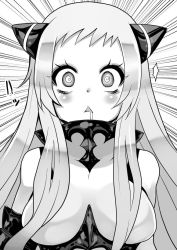 Rule 34 | 1girl, @ @, abyssal ship, airfield princess, breasts, drooling, emphasis lines, greyscale, horns, kantai collection, long hair, medium breasts, monochrome, sidelocks, solo, triangle mouth, upper body, yukinojou yakan