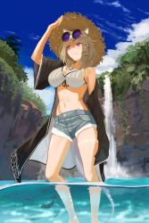 Rule 34 | 1girl, absurdres, animal ears, arknights, arm up, bikini, black jacket, breasts, brown hair, cleavage, closed mouth, cloud, day, eyewear on head, feet out of frame, fish, highres, jacket, jewelry, large breasts, medium hair, navel, off shoulder, official alternate costume, outdoors, pendant, purple eyes, shading eyes, short shorts, shorts, smile, solo, strapless, sunglasses, swimsuit, tail, utage (arknights), utage (summer flowers) (arknights), wading, water, waterfall, white bikini, yakupan