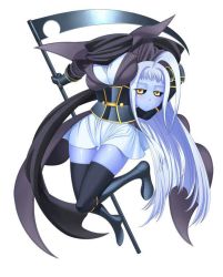 Rule 34 | 10s, 1girl, ahoge, armor, black sclera, blue skin, blush, breasts, chuunibyou, colored sclera, colored skin, disembodied head, dullahan, full body, gauntlets, greaves, holding head, huge ahoge, lala (monster musume), long hair, monster girl, monster musume no iru nichijou, official art, okayado, scythe, simple background, skirt, solo, thigh gap, thighhighs, very long hair, white background, white hair, white skirt, yellow eyes, zettai ryouiki