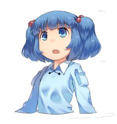 Rule 34 | 1girl, :o, blue eyes, blue hair, collared shirt, flat chest, hair bobbles, hair ornament, kawashiro nitori, lowres, matching hair/eyes, monosenbei, no nose, open mouth, pocket, shirt, solo, touhou, two side up, upper body