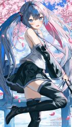Rule 34 | 1girl, aqua eyes, aqua hair, aqua necktie, black sleeves, blush, boots, cherry blossoms, detached sleeves, hair ornament, hatsune miku, headphones, high heel boots, high heels, highres, long hair, long sleeves, looking at viewer, necktie, open mouth, pleated skirt, shirubaa, skirt, smile, solo, thigh boots, thighhighs, twintails, very long hair, vocaloid, zettai ryouiki