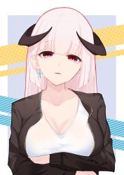 Rule 34 | 1girl, abstract background, artist name, black jacket, blunt bangs, breast hold, breasts, closed mouth, collarbone, commentary, earrings, glint, highres, horns, jacket, jewelry, large breasts, leria v, long hair, long sleeves, open clothes, open jacket, original, parted lips, pink eyes, shirt, single earring, smile, solo, straight hair, symbol-only commentary, upper body, white hair, white shirt