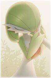 Rule 34 | 1girl, artist name, backlighting, bob cut, border, closed eyes, closed mouth, colored skin, creatures (company), disembodied hand, female focus, flat chest, game freak, gardevoir, gen 3 pokemon, green hair, green skin, hair over one eye, hand on another&#039;s face, hand on another&#039;s hand, hands up, happy, highres, lotosu, multicolored skin, nintendo, one eye covered, pokemon, pokemon (creature), short hair, signature, smile, solo focus, standing, two-tone skin, u u, upper body, white border, white skin